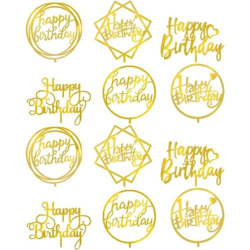 12Pcs Fashion Acrylic Double-sided Mirror Birthday Cake Insert Card Baking Decoration (Golden)