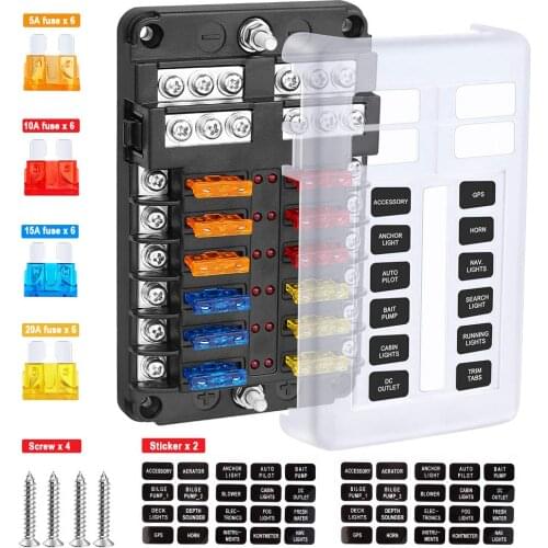 6Way/12way Blade Fuse Block Fuse Box Holder Circuit Car Ato/Atc Fuse Block with LED Indicator Damp-Proof Protection Cover Sticke