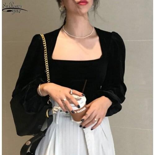 Square Collar Sexy Tops Solid Blouse Shirts New Spring Vintage Puff Sleeve Top Blouses Casual Short Casual Office Tops 12690