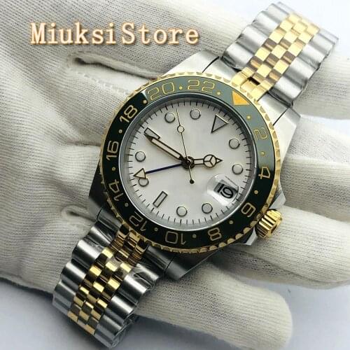 BLIGER 40mm Mens Casual Luxury GMT Watch Sapphire Crystal Ceramic Bezel GMT White Dial Luminous Jubilee Bracelet Automatic Watch