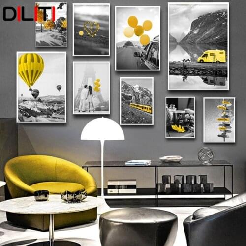 Black White Paris Landscape Print Painting Lovers Yellow Leaves Canvas Wall Art Hot Air Balloon Retro Picture Romantic Poster