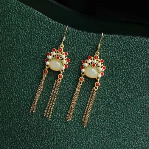 Dao Ma Dan Peking Opera Face Earrings Ancient Chinese Style Earrings Sterling Silver Tassel Earrings Natural Hetian Jade Earri