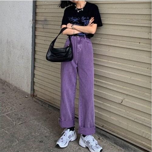 JuneRain High Waist Purple Jeans Harajuku Korean Ulzzang Denim Pants Women Wild Daily Casual Girls Loose Trousers Streetwear