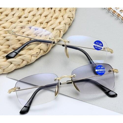 Elbru Rimless Anti Blue Light Bifocal Reading Glasses Fashion Ultralight Presbyopic Glasses Unisex Eyewear Diopters+1.0 to +4.0