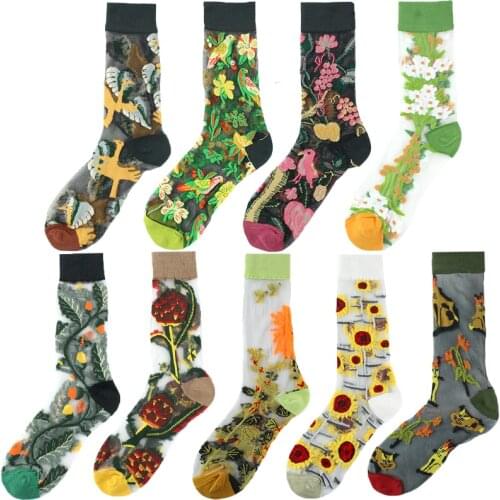 France Art Floral Design Transparent Crystal Socks Funny Thin Women Socks Novelty Harajuku Silk Elegant Tide Sokken Femme Girls