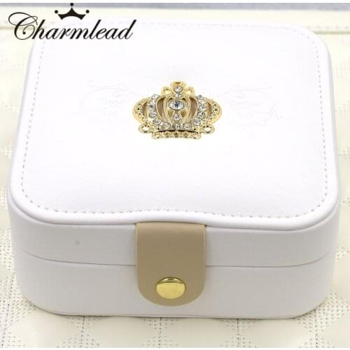 Charmlead Royal Crown Carrying Jewelry Box Cosmetics Case with Mirror Leather Gift Box for Ring Earring Bracelet Pendant Jewelry