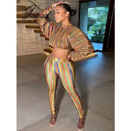 Joskaa Sexy Two Piece Set Women Clothing Stripe Printed Long Sleeve Crop Top Pencil Pants Matching Fall 2021 Fashion Streetwear