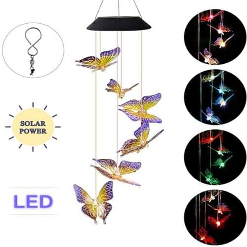 Solar LED Wind Chime Lamp Crystal Butterfly Color Changing Lamp Waterproof Garden Decoration Lights Outdoor Patio Yard Lamp