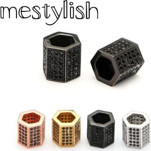 Mestylish 4pcs/Lot Geometric Hexagonal Spacer Beads Micro Pave Zircon Copper Tube Spacer Bead Bracelet Jewelry Chams Accessories