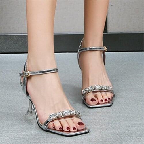 High heel Rhinestone women shoes European and American fashion square toe stiletto sandals 2021 summer 35-45 plus size