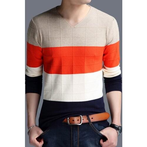 2019 New Striped Men Pullover Sweaters Male Casual Cashmere Christmas Sweater Knitwear Plus Size Cotton Sweaters V-Neck