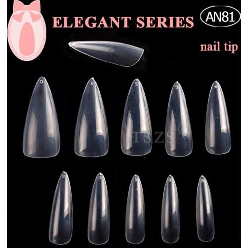 1bag/lot 500pcs newest arrival long design transparent natural point almond full cover false nail tip