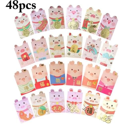 48Pcs Creative Personality Pig Shape Red Packet Pig Year Cute Cartoon Red Bag Money Packet For Spring Festival