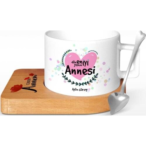Personalized World Best Mother Design Wood Altlıklı Ceramic Cup-11