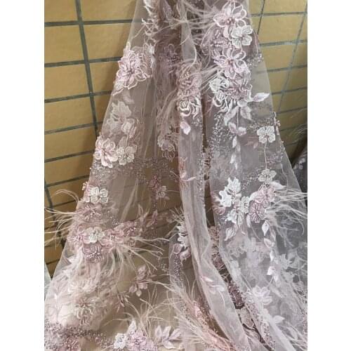 Popular L-686814 embroidery African tulle lace French net fabric with beads and feather embrodery lace fabric for dress