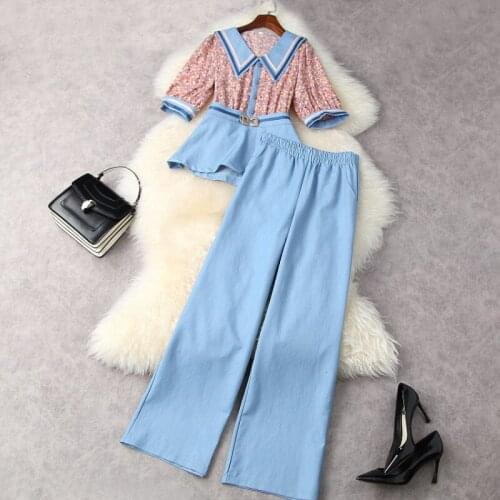 2021 Print Navy Collar Shirt Five-quarter Sleeves Wide-legged Pants Fashion Suits European and American Womens Wear for Spring