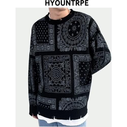 Hip Hop Paisley Printed Ripped Knitted Holes Sweater Mens Autumn Winter Long Sleeve Pullover Streetwear Loose Sweaters Clothing