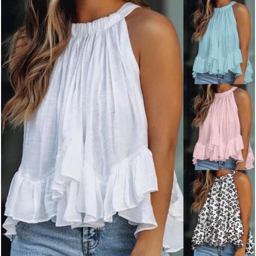 Loose Halter Tshirts Tank Top Sexy Sleeveless T-Shirt For Girls O-Neck Vest Casual Ruffles 2021 Summer Clothes Leopard Top Femme