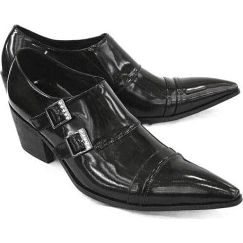 New Genuine leather men shoes high heels fashion pointed toe double buckle height increase wedding dress shoes career work shoes