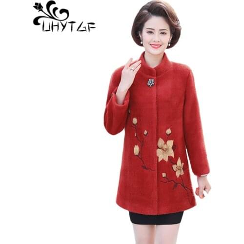 UHYTGF Elegant Mother Autumn Winter Woolen Jacket Quality Mink Fleece Casual Warm Outewear Women Loose 5XL Plus Size Coat 1122