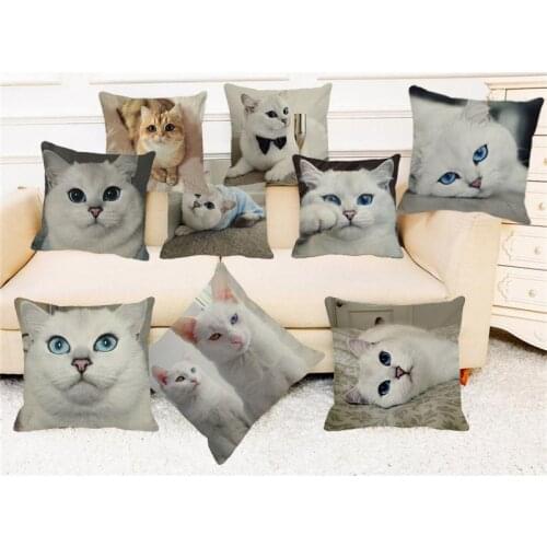 XUNYU Cute White Cat Cushion Cover Fat Cat Linen Printed Decorative Pillowcase Sofa Car Decoration Pillowcase 45x45cm D00101