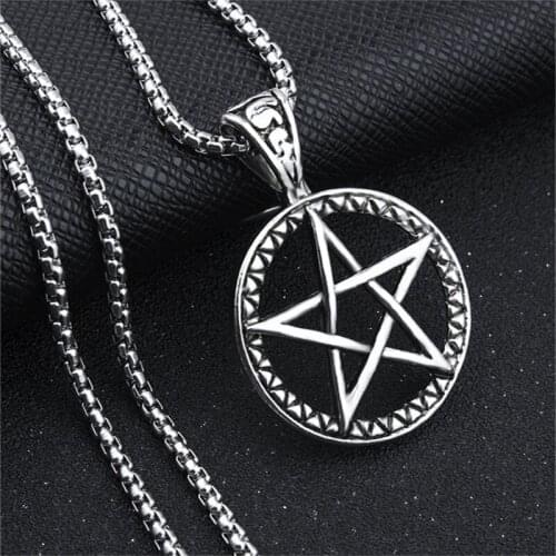 Stainless Steel Chain Necklace For Men Women Gothic Round Pentagram Hollow Star Pendant Silver Color Necklaces Pendants Jewelry