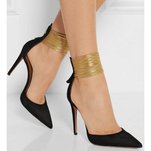 New Designer Black Beige Suede Pointed Toe Gold Strap Women Pumps Strappy Metallic Leather Ankle Cuff Stiletto Heel shoes w