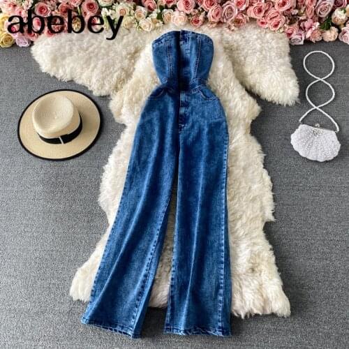 Women strapless Jeans Jumpsuits Buttons Sexy Woman Fashion Pockets Split Denim Wide Leg Jumpsuit Outfits