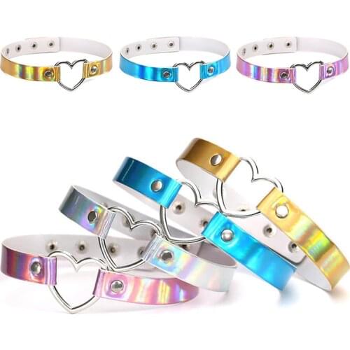 Punk Glitter Laser Heart Choker PU Leather Adjustable Buckle Rivet Collar Necklace for Women Gothic Fashion Clavicle Chain