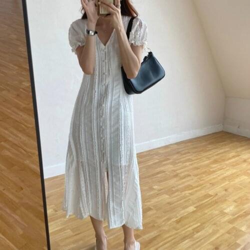 Women Summer White Lace Flower Long V Neck Shirt Dress Elegant Bodycon Petal Sleeve Tender Sundress