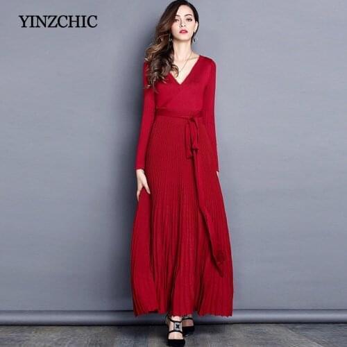 Woman Autumn Pleated Knitted Dress 2018 New Female Deep V-Neck Winter Warm Dress Solid Slim Long Dresses Women Knit Dress