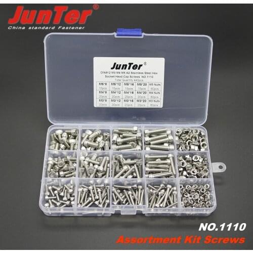 440pcs M3 M4 M5 A2 Stainless Steel DIN912 Allen Bolts Hex Socket Head Cap Screws With Nuts Assortment Kit NO.1110