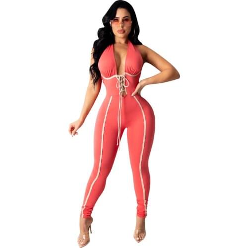Elegant Halter Body Jumpsuit Women Summer Sexy Deep V Neck Backless Lace Up Bandage Pants Bodycon Club Party Jumpsuit Overalls