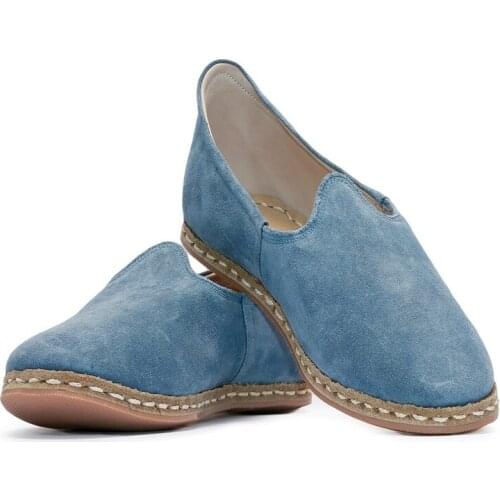 HYPATİA Jeans Blue Suede Men And Women Combined Leather Shoes Heelless Flat Platform Yemeni For Women and Men