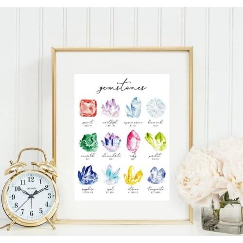 Birthstone Chart Color Print Watercolor Crystal and Gems Wall Art Canvas Painting Picture Gemstone Drawing Poster Home Decor
