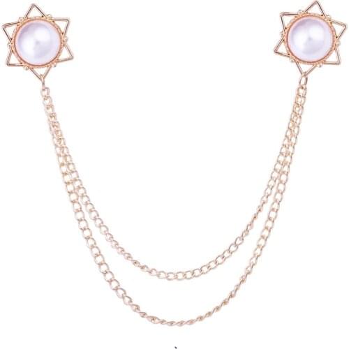 Korean Fashion Pearl Star Brooch Tassel Chain Collar Pins Shirt Badge Brooches for Men and Women Jewelry Clothing Accessories