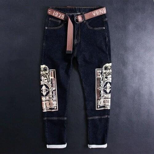 Newly Street Fashion Men Jeans Retro Black Blue Elastic Slim Fit Printed Jeans Men Embroidery Designer Hip Hop Denim Punk Pants