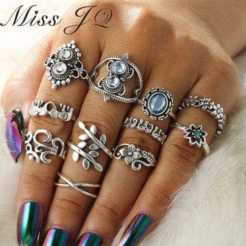 Miss JQ 11 Pcs/set Retro Geometric Oval Rhinestone Rings Sets For Women Flower Leafs Pattern Teen Daily Personality Accessories