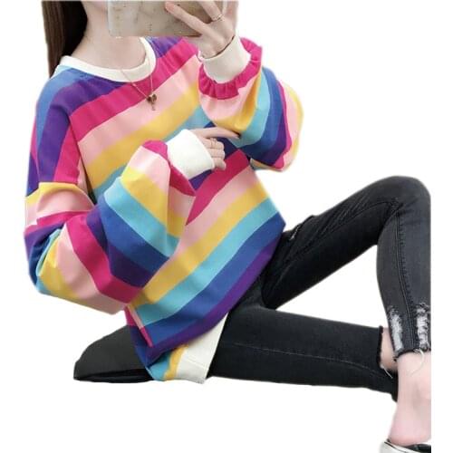 QRWR 2020 New Autumn Women Sweatshirt Casual Rainbow Stripe Hoodies Pullover O Neck Loose Tops Oversized Sweatshirt Women
