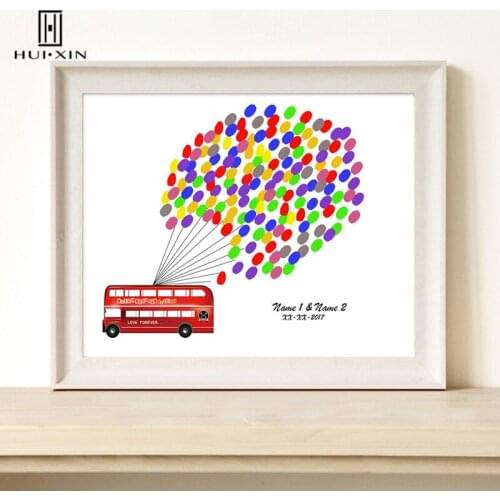 Romantic Scarlet Bus Driving to Forever Free Personalized Custom Fingerprint DIY Guestbook for Engagement Wedding Party Decor