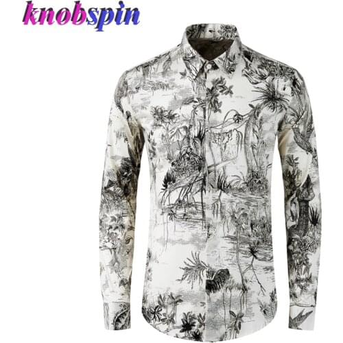 Hand drawn Art Print Men Shirt Long sleeve Slim 100% Pure Cotton Shirts men Casual business male clothes Plus size M-4XL Camisas