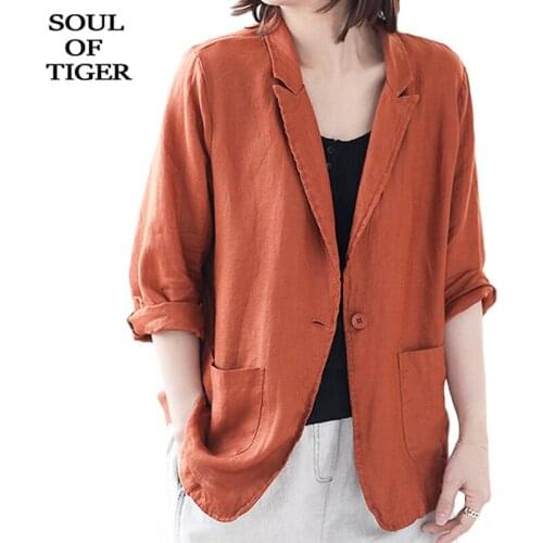 SOUL OF TIGER British 2021 Design Summer Women Cotton Linen Casual Blazers Ladies Vintage Loose Jackets Female Coats Plus Size