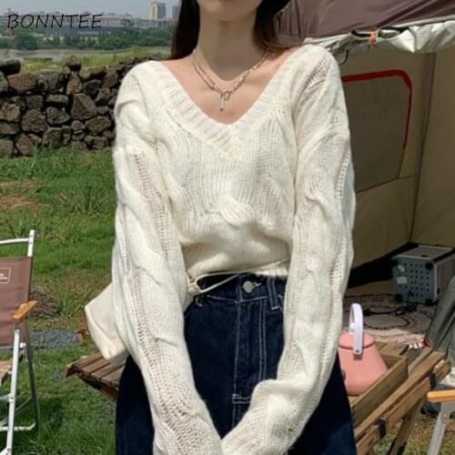 Sweaters Women Loose Solid Knitting V-Neck New Autumn Short Retro All-match Korean Style Pullovers Casual Long Sleeve Elegant