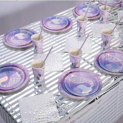 Birthday Party Supplies Disposable Mermaid Tableware Creative Fishtail Paper Cup Paper Tray Round Paper Tray Tablecloth 232