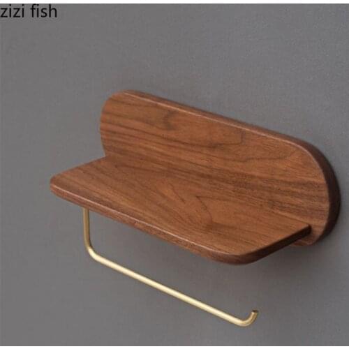 Solid Wood Brass Tissue Holder Walnut Paper Roll Holder Punch-free Wall Tissue Storage Shelf Bathroom Accessories Towel Rack
