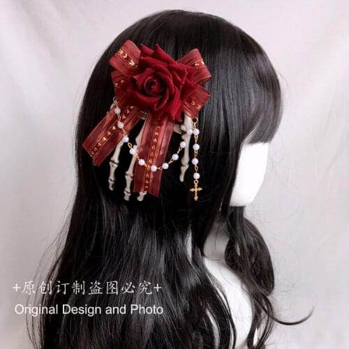 Vintage Palace Gothic Lolita Hairpin Handmade Headdress Skeleton Hand Lace Bowknot Pearl Chain Rose Bronzing Printing Brooch