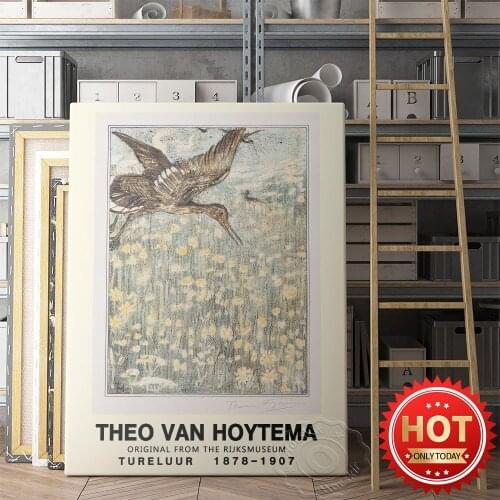 Theo Van Hoytema Exhibition Poster, Theo Hoytema Tureluur Prints, Animal Plant Wall Art, Vintage Bird Flower Leaf Wall Painting
