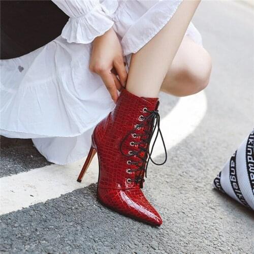 YQBTDL 2020 Autumn Stiletto Sexy High Heels Womens Boots Red Black White Embossed Pu Leather Pointed Toe Lace Up Ankle Boots 43