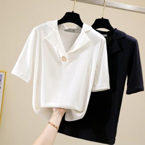 OUMENGKA Women t shirt 2020 New Arrival Casual Short Sleeve Tops Notched Neck Tee Shirt Fashion Ladies Black and White Tops