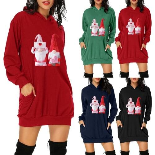 Womens hooded long-sleeved solid-color pure cotton long T-shirt with Santa Claus pattern